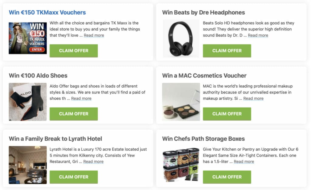 Screenshot showing an example list of free competitions listed on WOW Freebies IE.