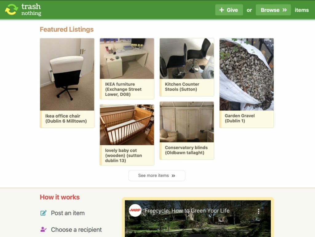 Screenshot of Dublin Freecycle website.